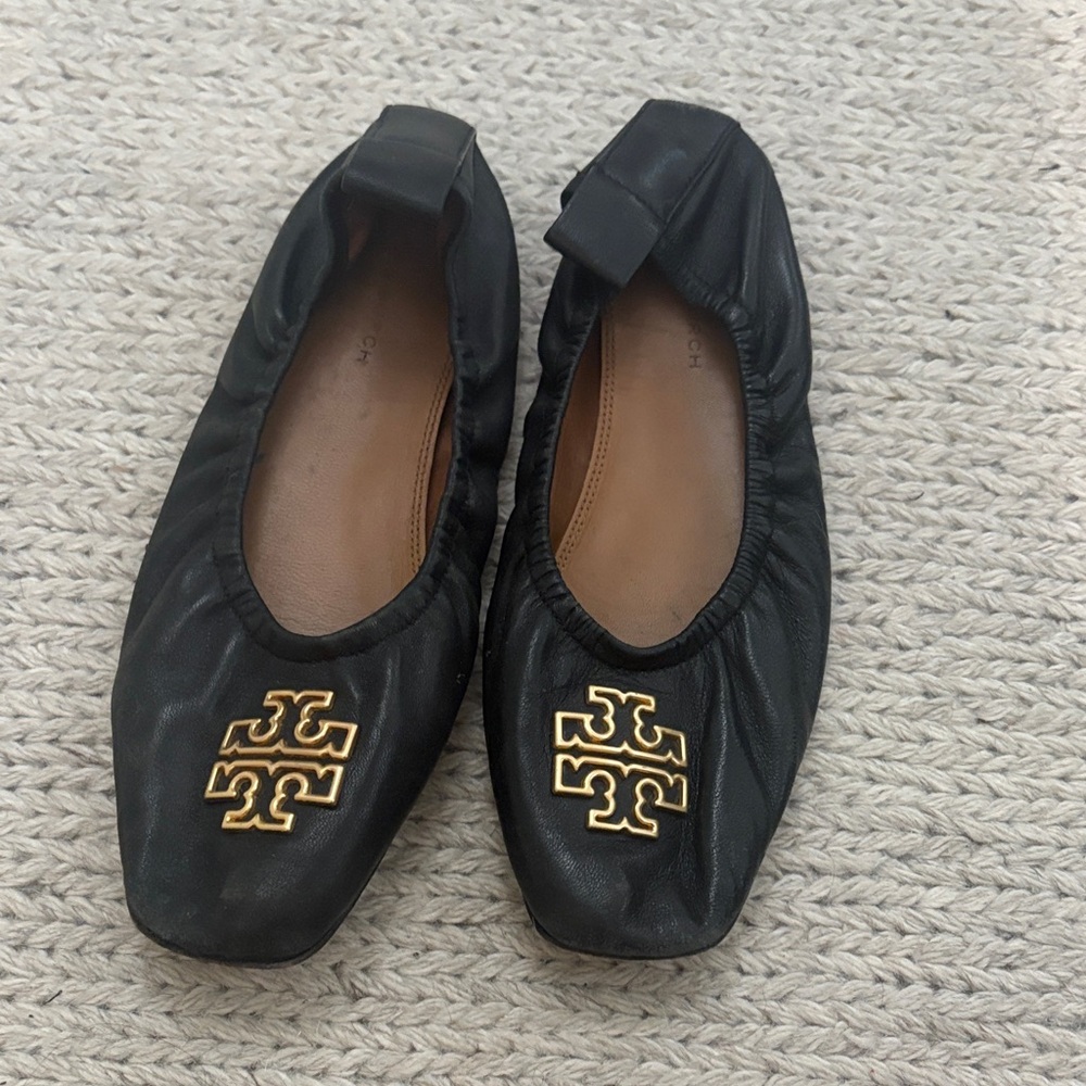 Tory Burch Black Ballet Flats with Gold Logo